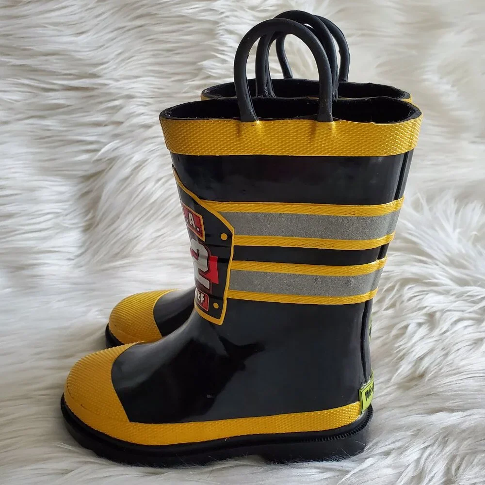 Western Chief Kids Black/Yellow Firefighter Waterproof Rain Boots SZ 8